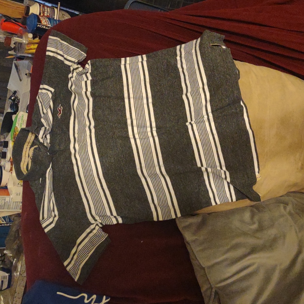 Gray and White Striped Polo Shirt